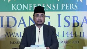 Menteri Agama Yaqut Cholil Qoumas menyampaikan hasil sidang Isbat penentuan 1 Ramadan 1444 H yang jatuh pada Kamis, 23/3/2023. | Ist