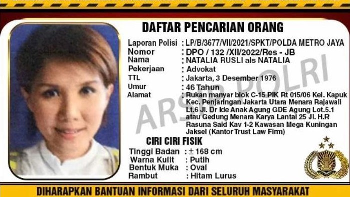 Advokad Natalia Rusli yang masuk dalam Daftar Pencarian Orang. | Dok Polres