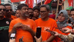 Presiden Partai Buruh Said Iqbal saat menghadiri peringatan Hari Buruh Inetrnasional atau May Day, Senin, 1/5/2023
