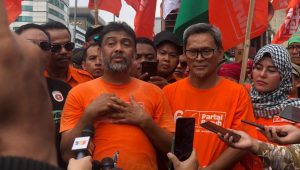 Presiden Partai Buruh Said Iqbal saat menghadiri peringatan Hari Buruh Inetrnasional atau May Day, Senin, 1/5/2023