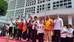 Pasangan capres-cawapres Ganjar Pranowo dan Mahfud MD bersama koalisi pengusung | Novia Suhari/Forum Keadilan