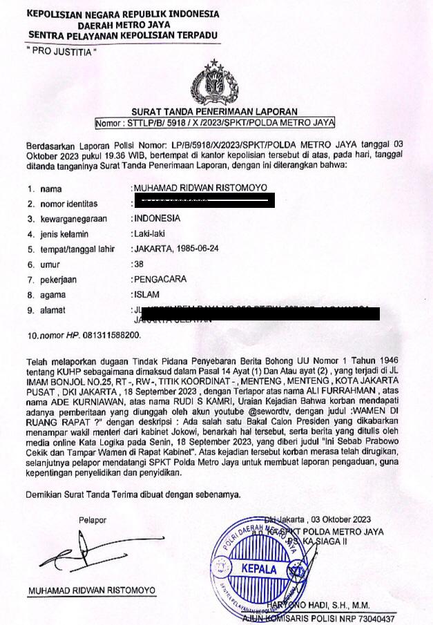 Surat laporan Prabowo Mania