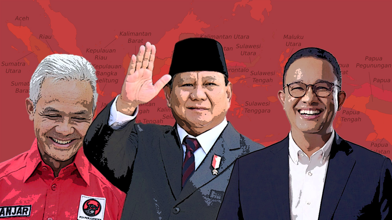 Ilustrasi tiga bakal capres Ganjar Pranowo, Anies Baswedan, dan Prabowo Subianto