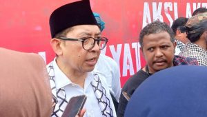 Ketua BKSAP DPR RI Fadli Zon memberikan keterangan dalam Aksi Damai Bela Palestina di Monas, Jakarta Pusat, Minggu, 5/11/2023 | Syahrul Baihaqi/Forum Keadilan