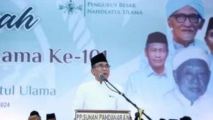 Ketua PBNU Gus Yahya saat pidato dalam Istighatsah Harlah Ke-101 NU di Pesantren Sunan Pandanaran, Minggu, 28/1/2024 | Dok. PBNU