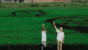 Ganjar Pranowo mengunjungi sawah di Semarang yang di lukis wajah ia bersama Mahfud MD, Sabtu, 27/1/2014 | Instagram @ganjarpranowo