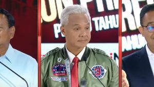 Calon presiden (capres) nomor urut 1, Anies Baswedan, capres nomor urut 2, Prabowo Subianto, capres nomor urut 3, Ganjar Pranowo dalam Debat Ketiga Pilpres 2024 | Youtube KPU RI