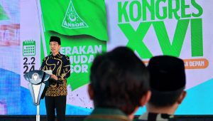 Presiden Joko Widodo (Jokowi) menghadiri kongres XVI Gerakan Pemuda (GP) Ansor di Pelabuhan Tanjung Priok, Jakarta Utara. Jumat, 2/2/2024.| Akun Resmi X @Jokowi