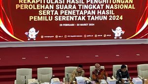 Hasyim Asy'ari dan Jajaran Komisioner KPU dalam Rapat Pleno Terbuka Rekapitulasi Hasil Penghitungan Suara Tingkat Nasional, Rabu, 28/2/2024 I Syahrul Baihaqi/Forum Keadilan