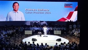 Capres nomor urut 2 Prabowo Subianto saat berpidato dalam acara Apel Akbar Tim TKN Muda di Jakarta Convention Center, Jumat, 2/2/2024 | M. Hafid/Forum Keadilan