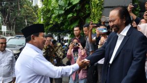 Presiden terpilih 2024-2029 Prabowo Subianto menyambangi Kantor DPP Partai NasDem di NasDem Tower, Cikini, Jakarta Pusat, 22/3/2024.