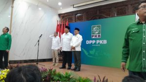 Presiden terpilih Prabowo Subianto dan Ketua Umum PKB Muhaimin Iskandar atau Cak Imin di DPP PKB, Jakarta Pusat, Rabu, 24/4/2024 | Novia Suhari/Forum Keadilan
