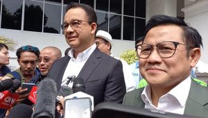 Capres-cawapres nomor urut 1 Anies Baswedan-Muhaimin Iskandar tiba di KPU menghadiri acara penetapan Prabowo-Gibran sebagai presiden terpilih, Rabu, 24/4/2024.