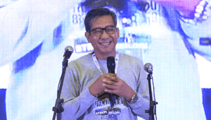Rektor Universitas Trilogi Prof Pramono Hari Adi memberikan kata sambutan di Universitas Trilogi, Sabtu, 27/4/2024. | Azzi Tri Pangestu/Forum Keadilan