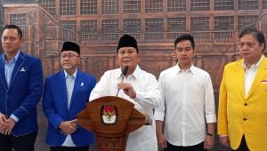 Presiden terpilih Prabowo Subianto saat konferensi pers di Gedung KPU RI, Jakarta Pusat, Rabu, 24/4/2024. I M. Hafid/Forum Keadilan