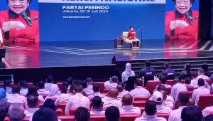 Ketua Umum PDIP Megawati Soekarnoputri saat menyampaikan pidato politik di acara Mukernas Partai Perindo, Jakarta Concert Hall, Jakarta Pusat, Selasa, 30/7/2024 | M. Hafid/Forum Keadilan