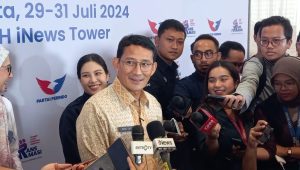 Politisi PPP Sandiaga Uno usai menghadiri acara Mukernas Partai Perindo di Jakarta Concert Hall, Jakarta Pusat, Rabu, 31/7/2024 | M. Hafid