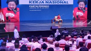 Ketua Umum PDIP Megawati Soekarnoputri saat menyampaikan pidato politik di acara Mukernas Partai Perindo, Jakarta Concert Hall, Jakarta Pusat, Selasa, 30/7/2024 | M. Hafid/Forum Keadilan