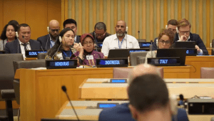 Menteri Sosial (Mensos) Tri Rismaharini di Forum Politik Tingkat Tinggi (High Level Political Forum) di Markas Besar PBB, New York, Kamis, 11/7/2024. | YouTube Kemensos RI