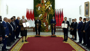 Presiden Joko Widodo (Jokowi) menyambut kunjungan kerja Perdana Menteri (PM) Papua Nugini James Marape, di Istana Kepresidenan Bogor, Provinsi Jawa Barat, pada Senin, 15/7/2024. | YouTube Sekretariat Presiden