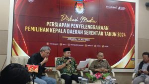 Diskusi media bertajuk 'Persiapan Penyelenggaraan Pilkada Serentak Tahun 2024' yang digelar di Media Center KPU, Jakarta Pusat, Jumat, 19/7/2024 | Syahrul Baihaqi/Forum Keadilan