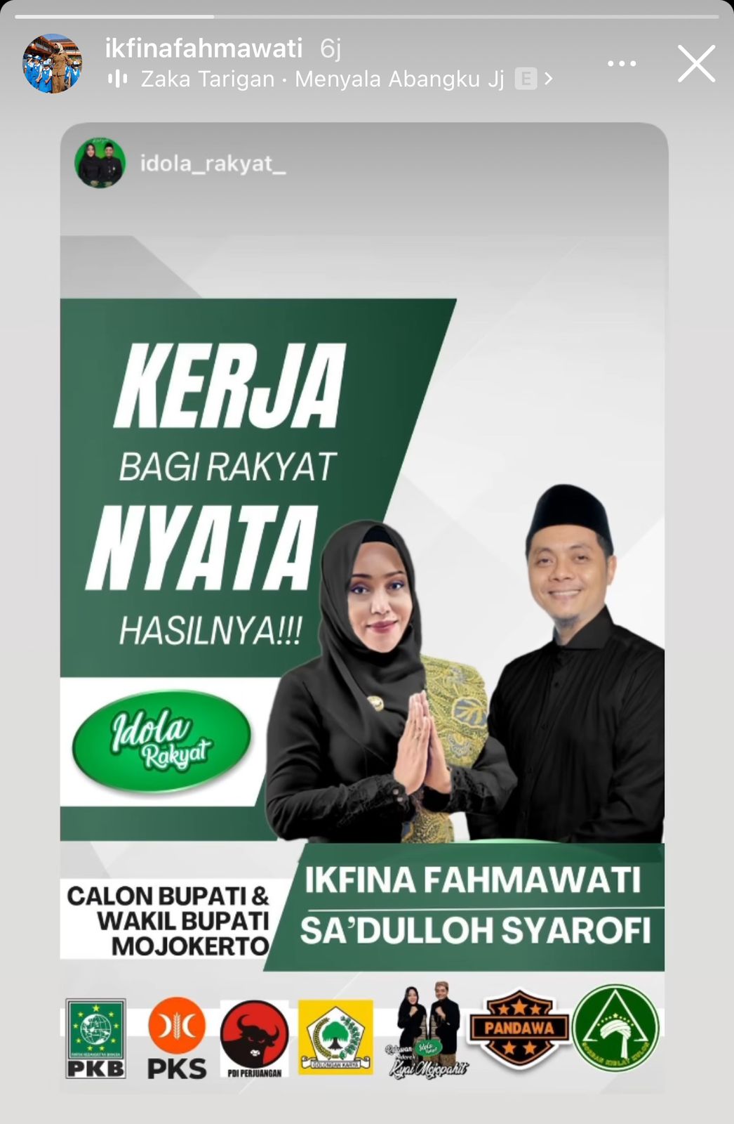 Unggahan Ikfina Fahmawati soal pencalonan di Pilkada Mojokerto 2024 | Instagram @ikfinafahmawati