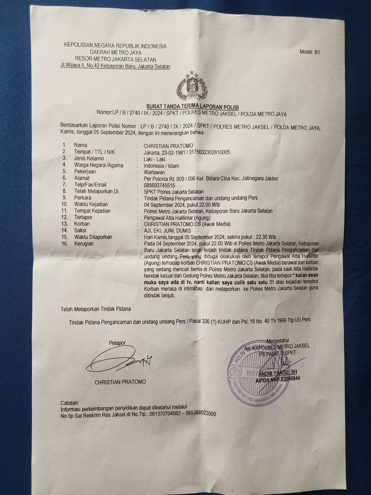 Bodyguard Atta Halilintar, Agung dilaporkan Aliansi Jurnalis Video (AJV) ke Polres Metro Jakarta Selatan. Agung diduga telah mengancam wartawan akan melakukan penculikan | ist