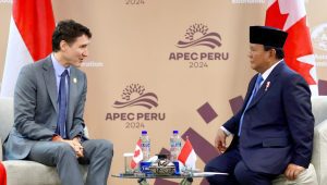 Presiden RI, Prabowo Subianto, melakukan pertemuan bilateral dengan Perdana Menteri Kanada, Justin Trudeau, di sela-sela KTT APEC yang berlangsung di Lima Convention Center (LCC), Peru, Jumat, 15/11/2024 | Dok BPMI Setpres/Rian