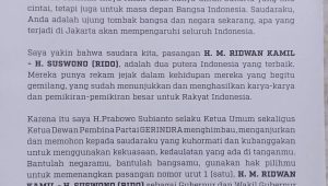 Surat Imbauan dari Ketua Umum Partai Gerindra Prabowo Subianto kepada masyarakat Jakarta untuk Memilih Ridwan Kamil-Suswono | Instagram @ariefrosyid.id