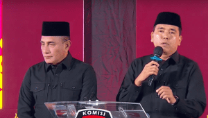 Pasangan calon gubernur-calon wakil gubernur Sumatra Utara (cagub-cawagub Sumut) nomor urut 2, Edy Rahmayadi-Hasan Basri Sagala debat Publik kedua Sumut 2024, hotel Santika Medan | YouTube KPU Sumut