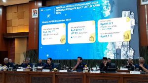 Menteri Keuangan RI Sri Mulyani bersama jajaran dalam konferensi pers di kantor Kementerian Keuangan, Jakarta Pusat, Rabu, 11/11/2024 | Novia Suhari/Forum Keadilan