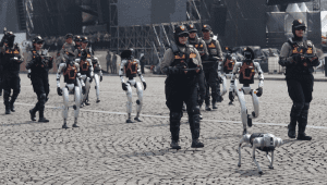 Kehadiran robot-robot dalam gladi kotor acara Hari Bhayangkara ke-79 di Monas, Jakarta Pusat | Ist