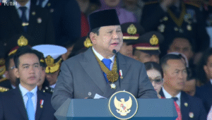 Presiden Prabowo Subianto di acara HUT Bhayangkara ke-79 di Monas, Jakarta Pusat, Selasa, 1/7/2025 | YouTube Sekretariat Presiden
