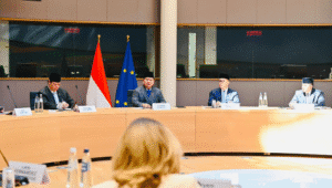 Presiden RI Prabowo Subianto saat bertemu dengan Presiden Dewan Eropa, António Costa, di Brussels, Belgia, Minggu, 13/7/2025, waktu setempat.| Dok BPMI Setpres/Laily Rachev