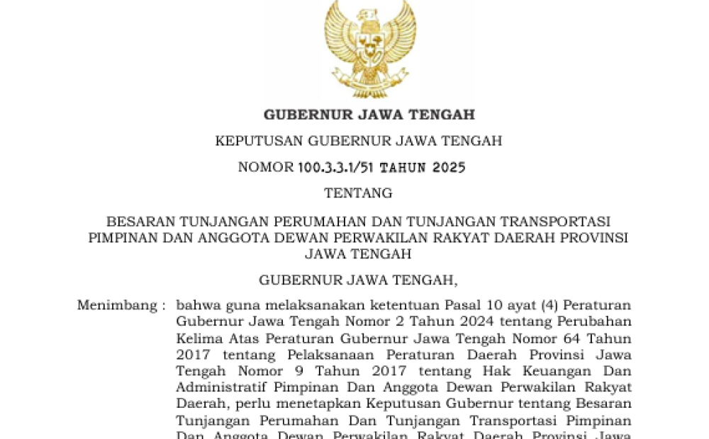 Rincian Tunjangan Perumahan DPRD Jateng yang Naik: Ketua Rp79 Juta, Anggota Rp47 Juta per Bulan