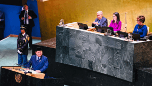 Presiden RI Prabowo Subianto menyampaikan capaian swasembada pangan Indonesia d hadapan para pemimpin dunia dalam Sidang Majelis Umum Perserikatan Bangsa-Bangsa (PBB) ke-80 di New York, Amerika Serikat (AS), pada Selasa, 23/9/2025 waktu setempat | BPMI Setpres/Laily Rachev
