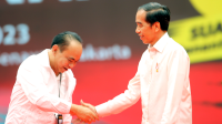 Ketua Umum Pro Jokowi (Projo), Budi Arie Setiadi, dan Presiden ke-7 RI Joko Widodo (Jokowi). | Ist