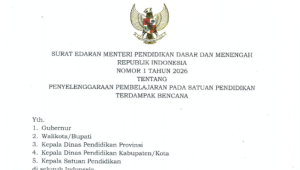 Surat Edaran (SE) Nomor 1 Tahun 2026 tentang Penyelenggaraan Pembelajaran pada Satuan Pendidikan Terdampak Bencana sebagai acuan bagi pemerintah daerah dan sekolah dalam menyelenggarakan layanan pendidikan pascabencana. | Dok Hasil Tangkapan Layar Web Resmi Kemendikdasmen RI