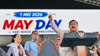 Presiden Prabowo Subianto dalam sambutannya pada Peringatan Hari Buruh Internasional yang digelar di kawasan Lapangan Silang Monumen Nasional (Monas), Jakarta, pada Jumat, 1/5/2026. | Dok Setpres/Laily Rachev