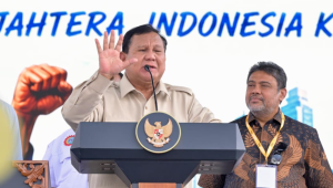 Presiden Prabowo Subianto dalam sambutannya pada Peringatan Hari Buruh Internasional yang digelar di kawasan Lapangan Silang Monumen Nasional (Monas), Jakarta, pada Jumat, 1/5/2026. | Dok Setpres/Laily Rachev