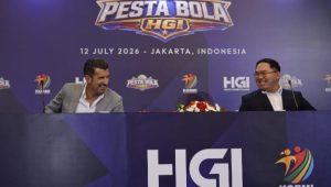 Legenda sepak bola Portugal Luís Figo saat Konferensi Pers di Jakarta, Minggu, 12/8/2026 | Muhammad Reza/Forum Keadilan