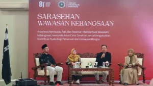 Jemaat Muslim Ahmadiyah Indonesia (JAI) menggelar Sarasehan Wawasan Kebangsaan di Baitul ‘Affiyat untuk memperingati Hari Ulang Tahun (HUT) ke-81 Kemerdekaan Republik Indonesia di Parung, Kabupaten Bogor, pada Minggu, 23/8/2026 | Ist