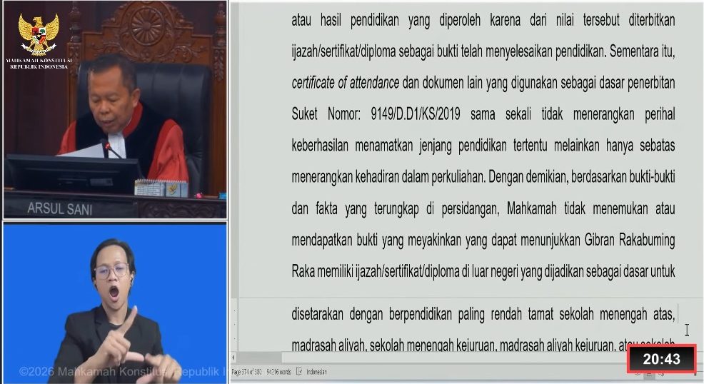 MK Tak Temukan Fakta Wapres Gibran Punya Ijazah Setara SMA