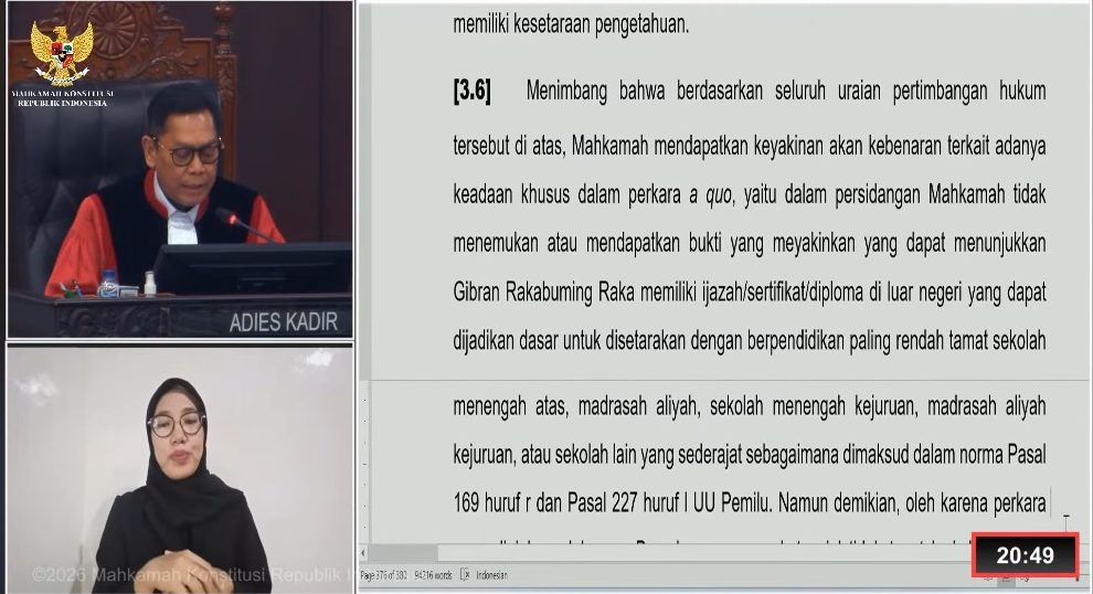 MK Sebut Tak Bisa “Makzulkan” Gibran Meski Tak Punya Ijazah Setara SMA